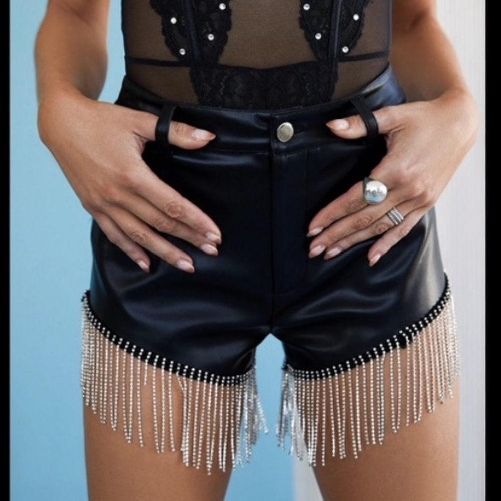 12th Tribe Rhinestone Black Faux Leather Shorts